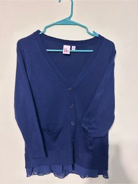 Oh MG! Navy V-Neck Button Cardigan with Chiffon Hem